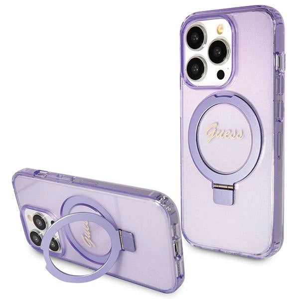 Guess Ring Stand Script Glitter MagSafe case for iPhone 14 Pro Max - purple_0