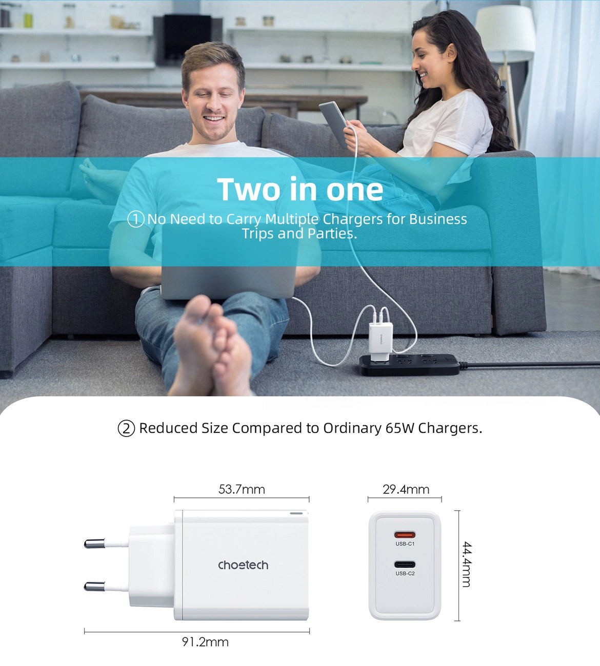 Choetech PD6013 2x USB-C PD 65W GaN wall charger - white_4