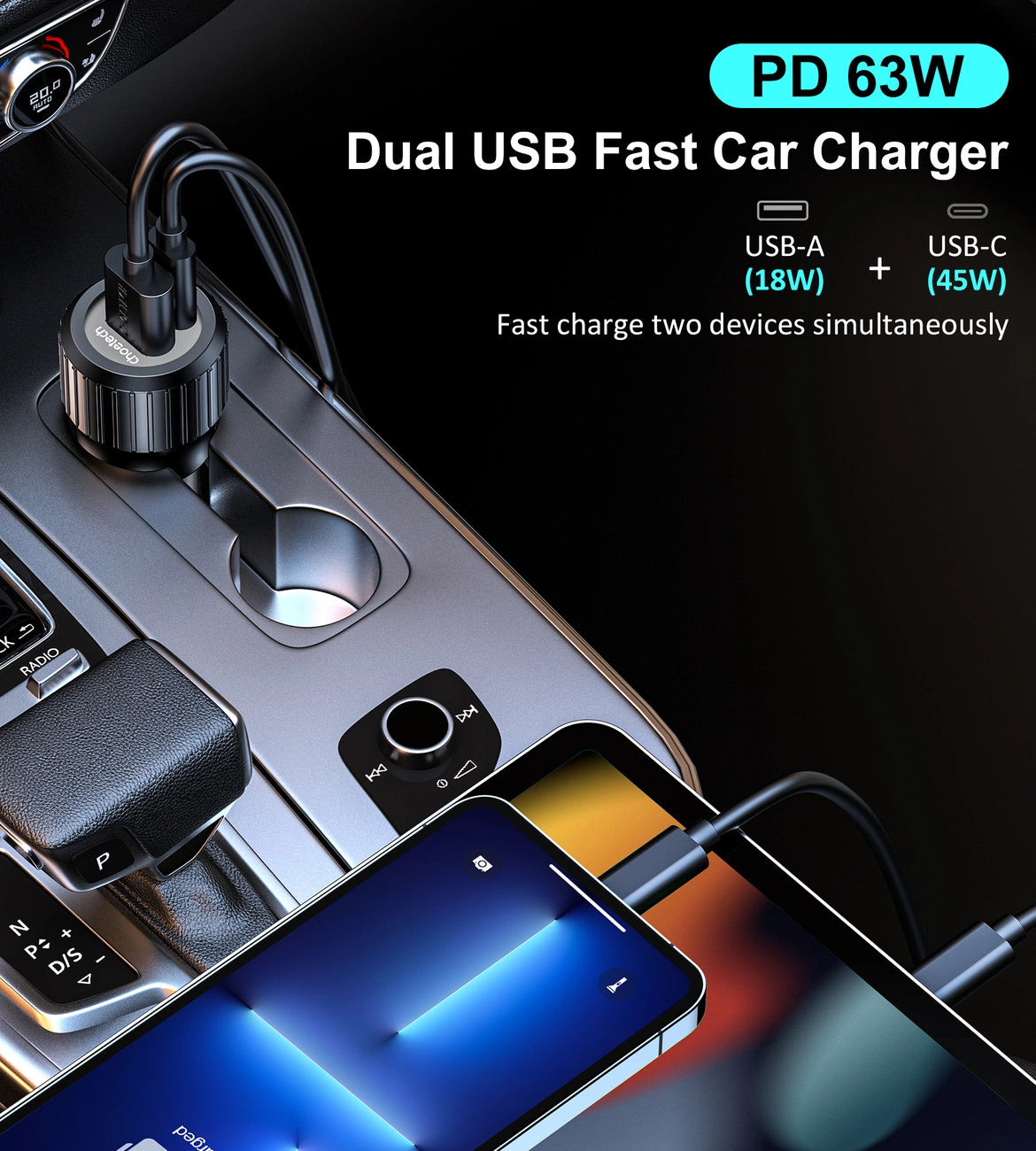 Choetech TC0010 USB-C USB-A PD 63W car charger - black_3