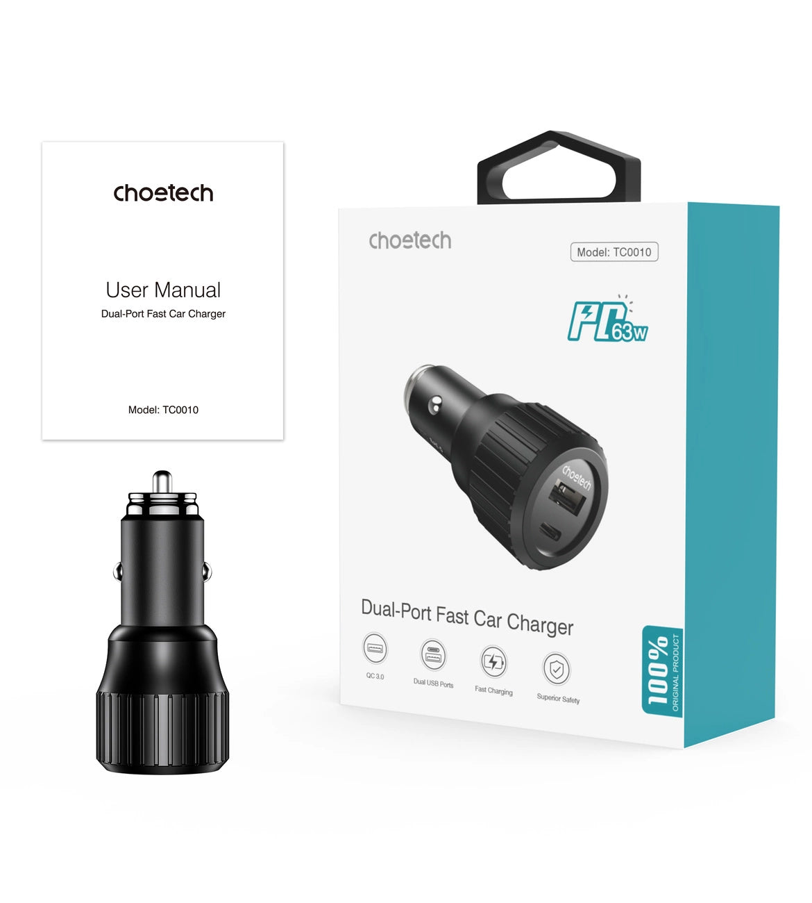 Choetech TC0010 USB-C USB-A PD 63W car charger - black_8