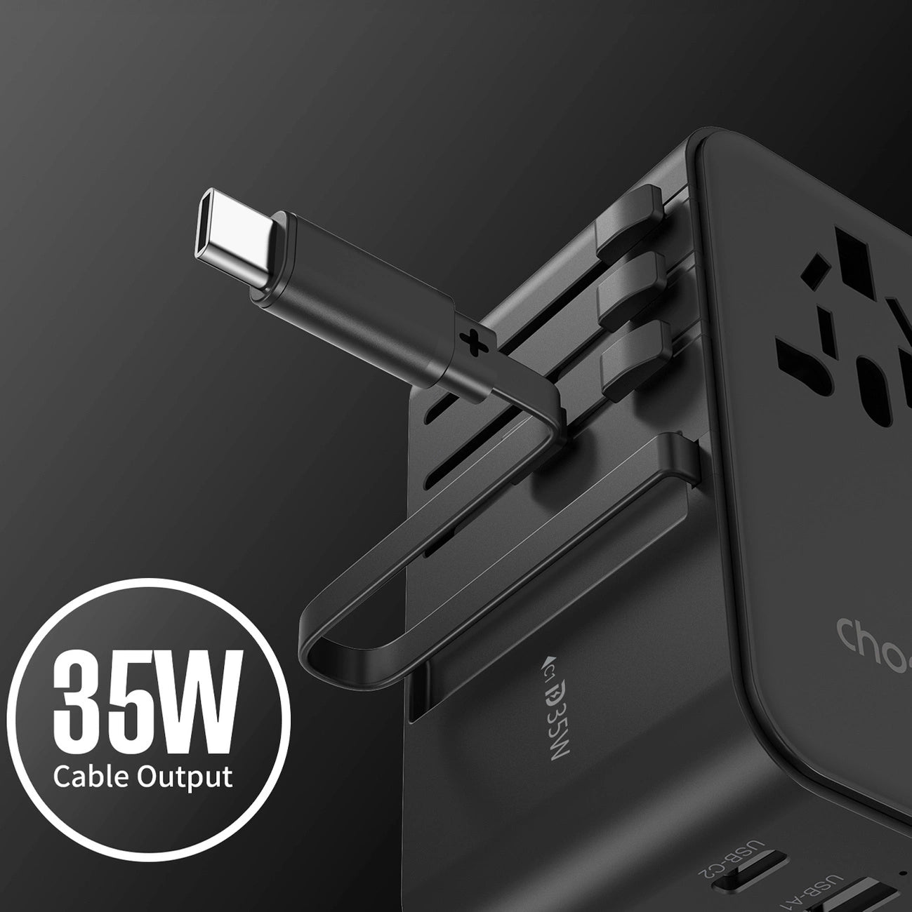 Choetech PD5020 35W EU/US/AUS/UK Travel Adapter with Built-in USB-C Cable - Black_6