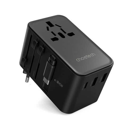 Choetech PD5021 45W EU/US/AUS/UK Travel Adapter with Built-in USB-C Cable - Black_0