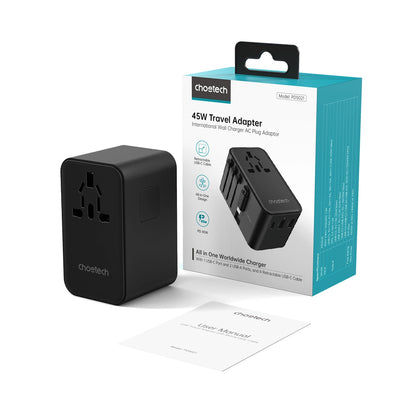 Choetech PD5021 45W EU/US/AUS/UK Travel Adapter with Built-in USB-C Cable - Black_2