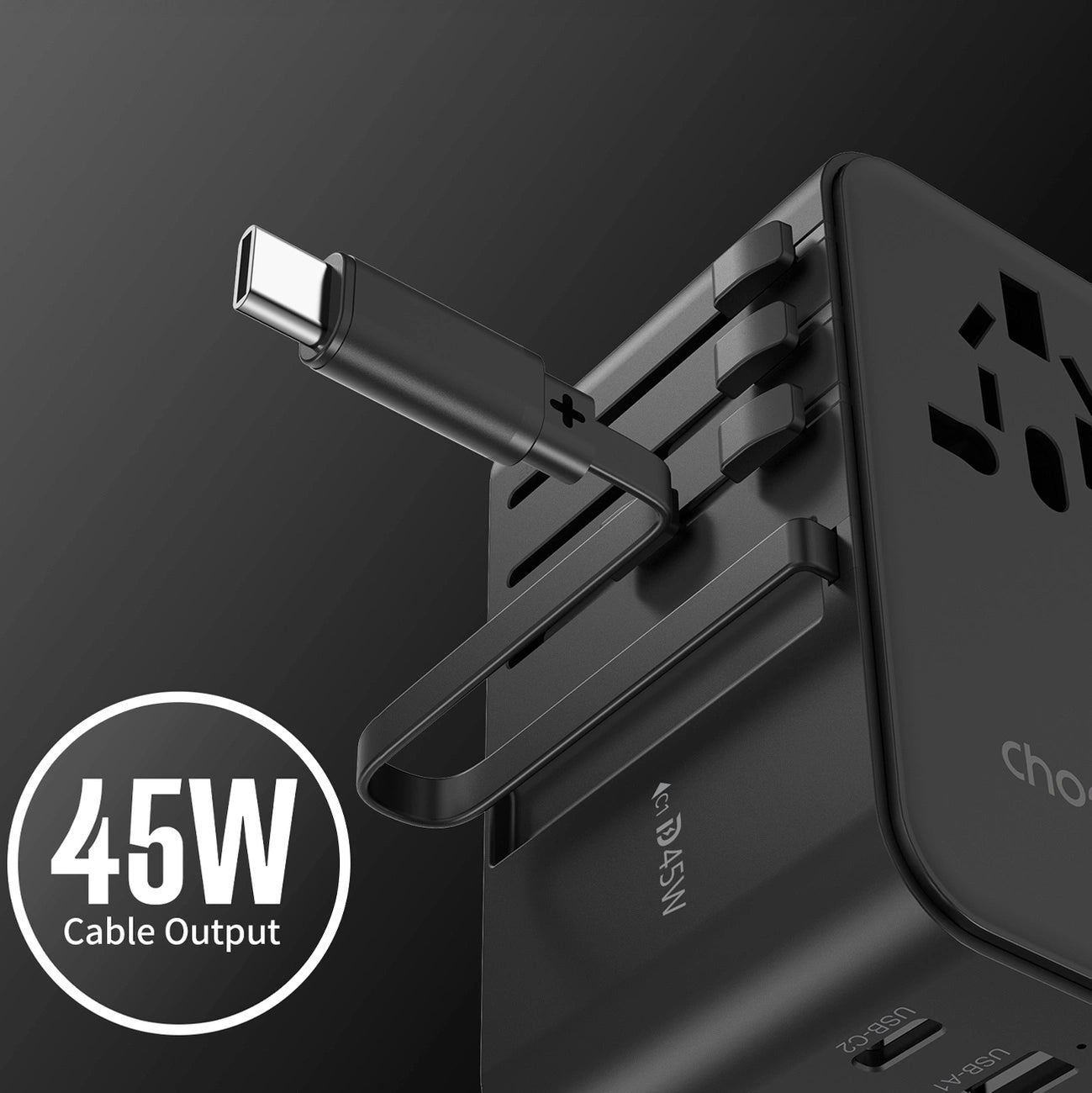 Choetech PD5021 45W EU/US/AUS/UK Travel Adapter with Built-in USB-C Cable - Black_6