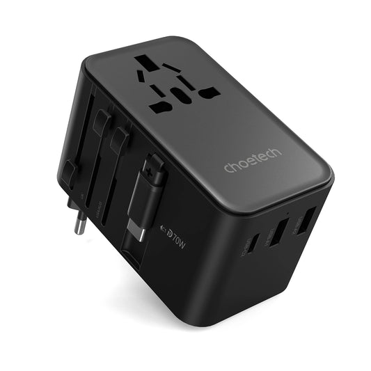 Choetech PD5022 70W EU/US/AUS/UK Travel Adapter with Built-in USB-C Cable - Black_0