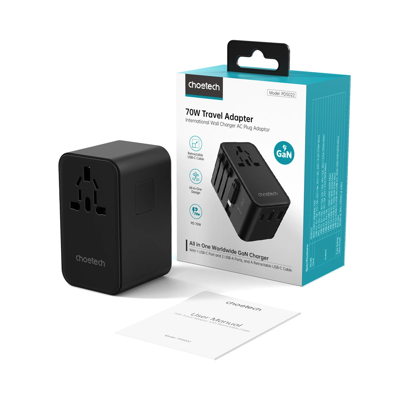 Choetech PD5022 70W EU/US/AUS/UK Travel Adapter with Built-in USB-C Cable - Black_2