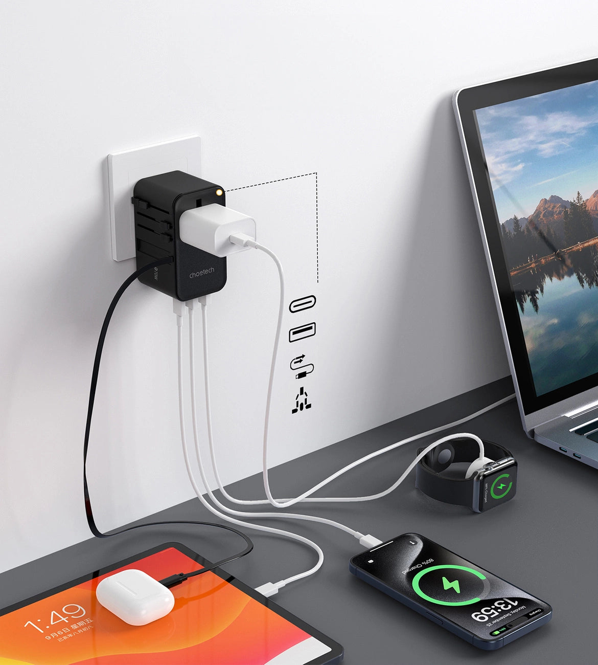 Choetech PD5022 70W EU/US/AUS/UK Travel Adapter with Built-in USB-C Cable - Black_5