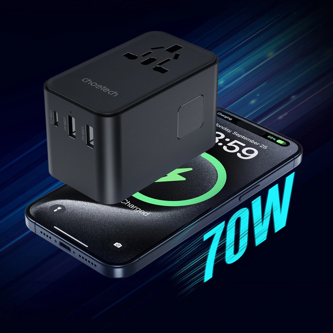 Choetech PD5022 70W EU/US/AUS/UK Travel Adapter with Built-in USB-C Cable - Black_9