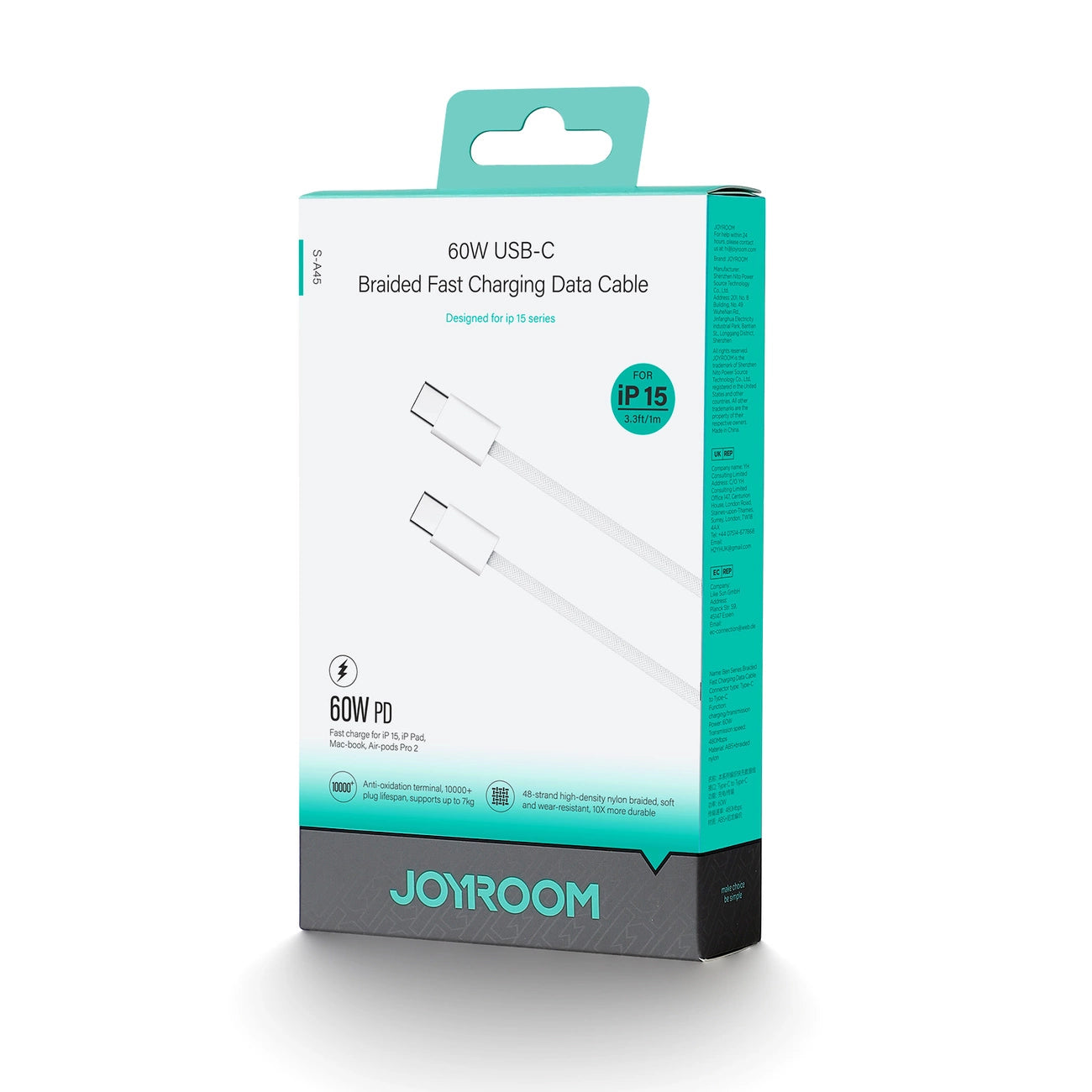 Joyroom S-A45 USB-C to USB-C cable, 60W, braided, 1m (white)_1