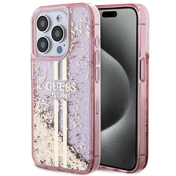 Guess Liquid Glitter Gold Stripes case for iPhone 15 Pro - pink_0