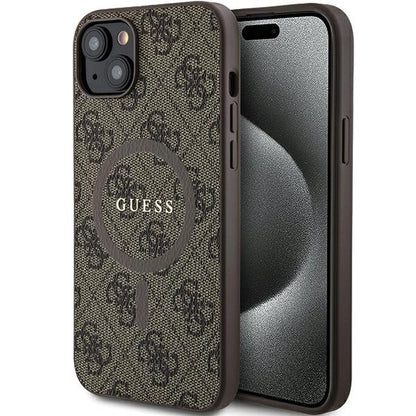 Guess 4G Collection Leather Metal Logo MagSafe Case for iPhone 14/15/13 - Brown_0