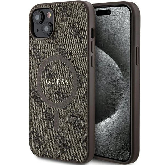 Guess 4G Collection Leather Metal Logo MagSafe Case for iPhone 14/15/13 - Brown_0