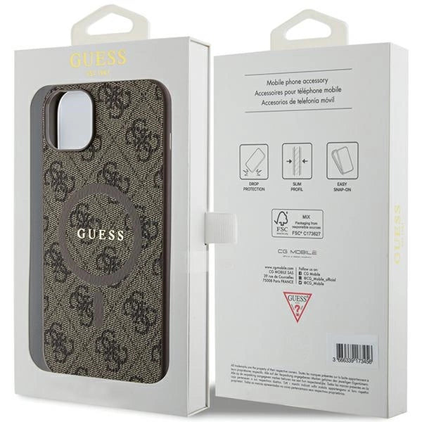 Guess 4G Collection Leather Metal Logo MagSafe Case for iPhone 14/15/13 - Brown_7