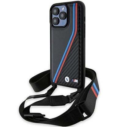 BMW M Edition Carbon Tricolor Lines &amp; Strap case for iPhone 15 Pro - black_0