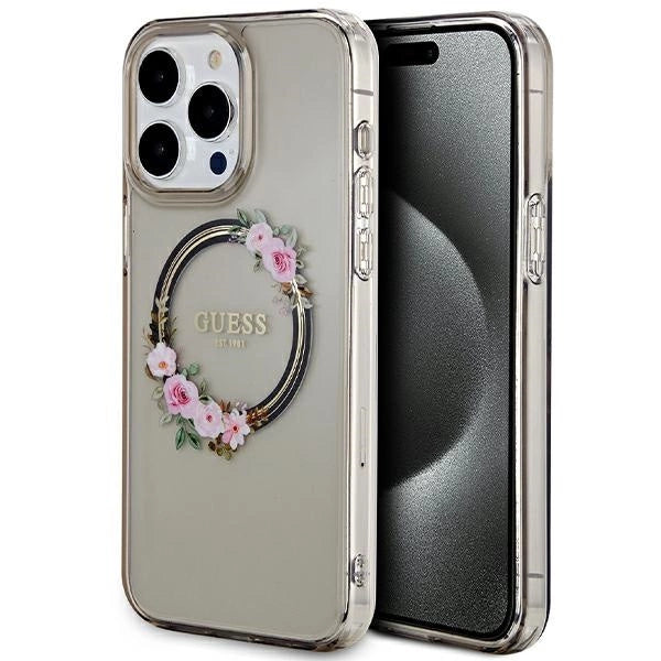 Guess IML Flowers Wreath MagSafe case for iPhone 15 Pro Max - black_0