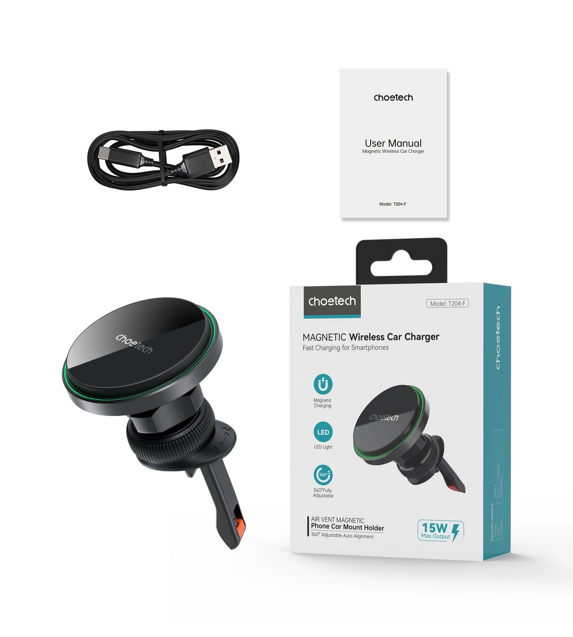 Choetech T204-F magnetic car holder with 15W wireless charging - black_4