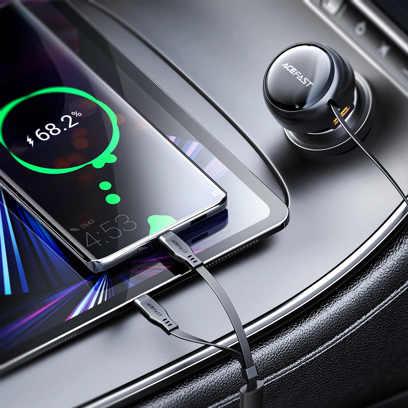 Acefast B13 car charger 53W USB-A / 2 USB-C retractable cables - black_6