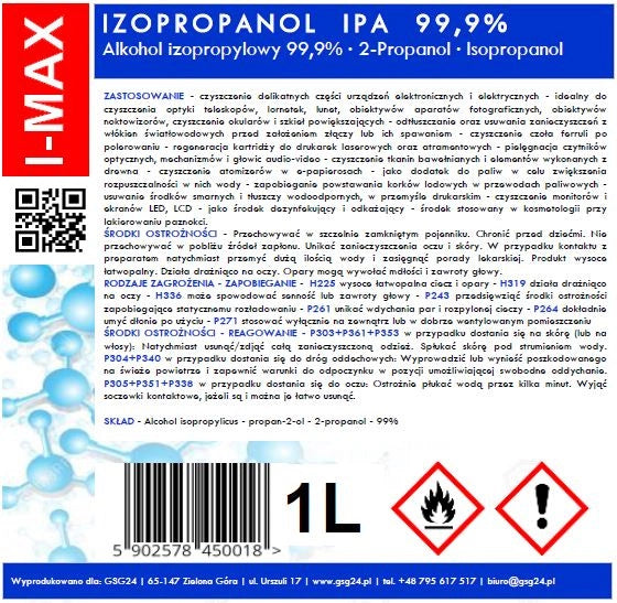 Isopropyl alcohol Isopropanol IPA I-MAX 99.9% 1L_1