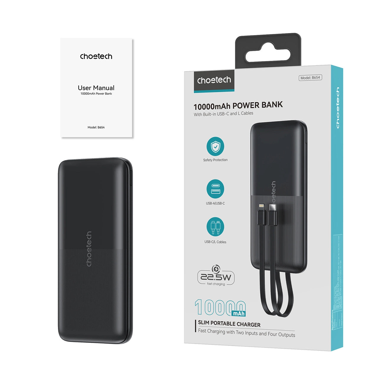 Powerbank Choetech B654 10000mAh 22.5W USB-A / USB-C / micro USB with built-in USB-C / Lightning cable - black_2