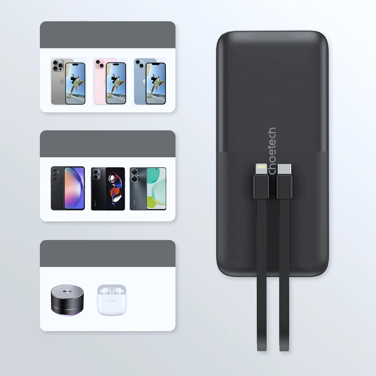 Powerbank Choetech B654 10000mAh 22.5W USB-A / USB-C / micro USB with built-in USB-C / Lightning cable - black_10