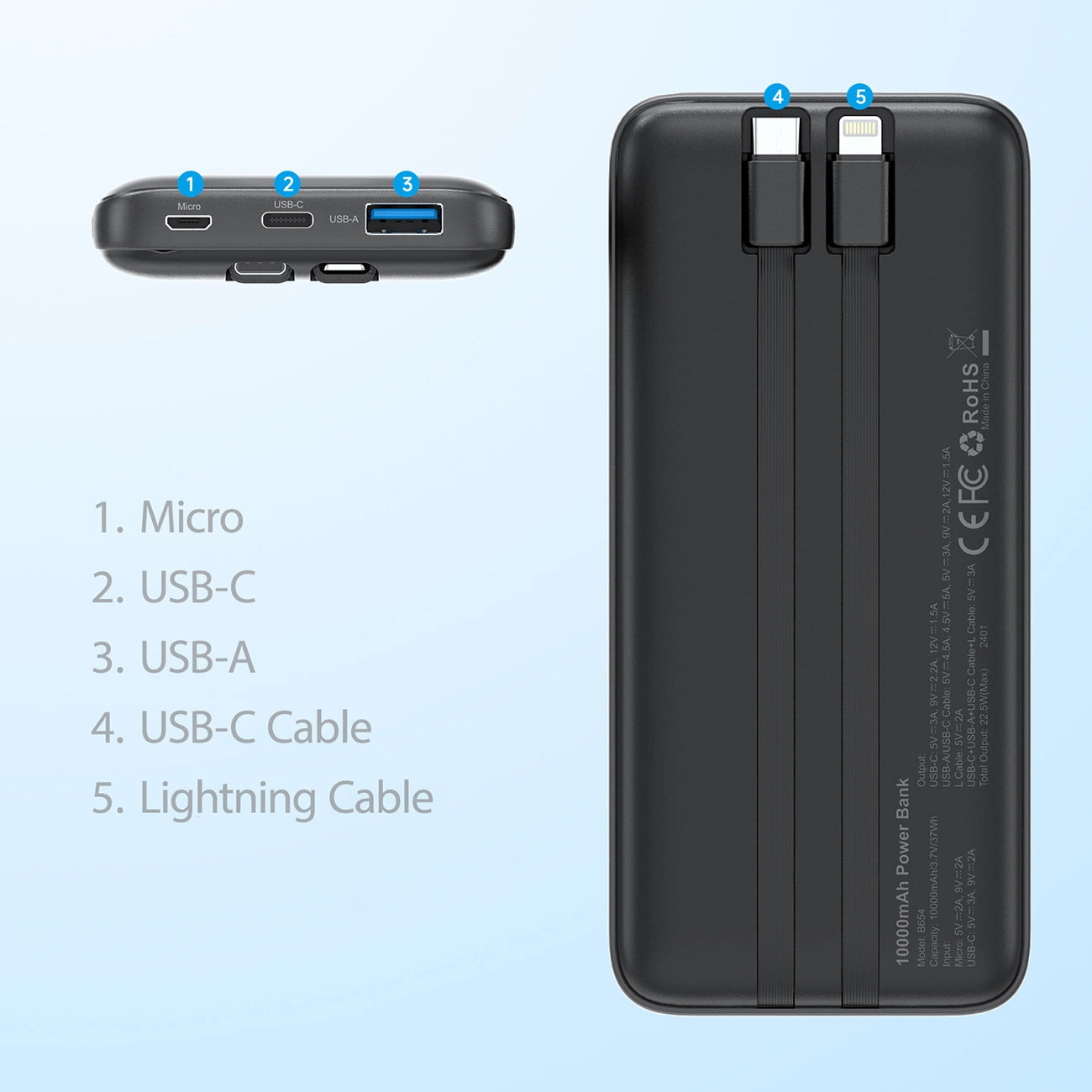 Powerbank Choetech B654 10000mAh 22.5W USB-A / USB-C / micro USB with built-in USB-C / Lightning cable - black_7
