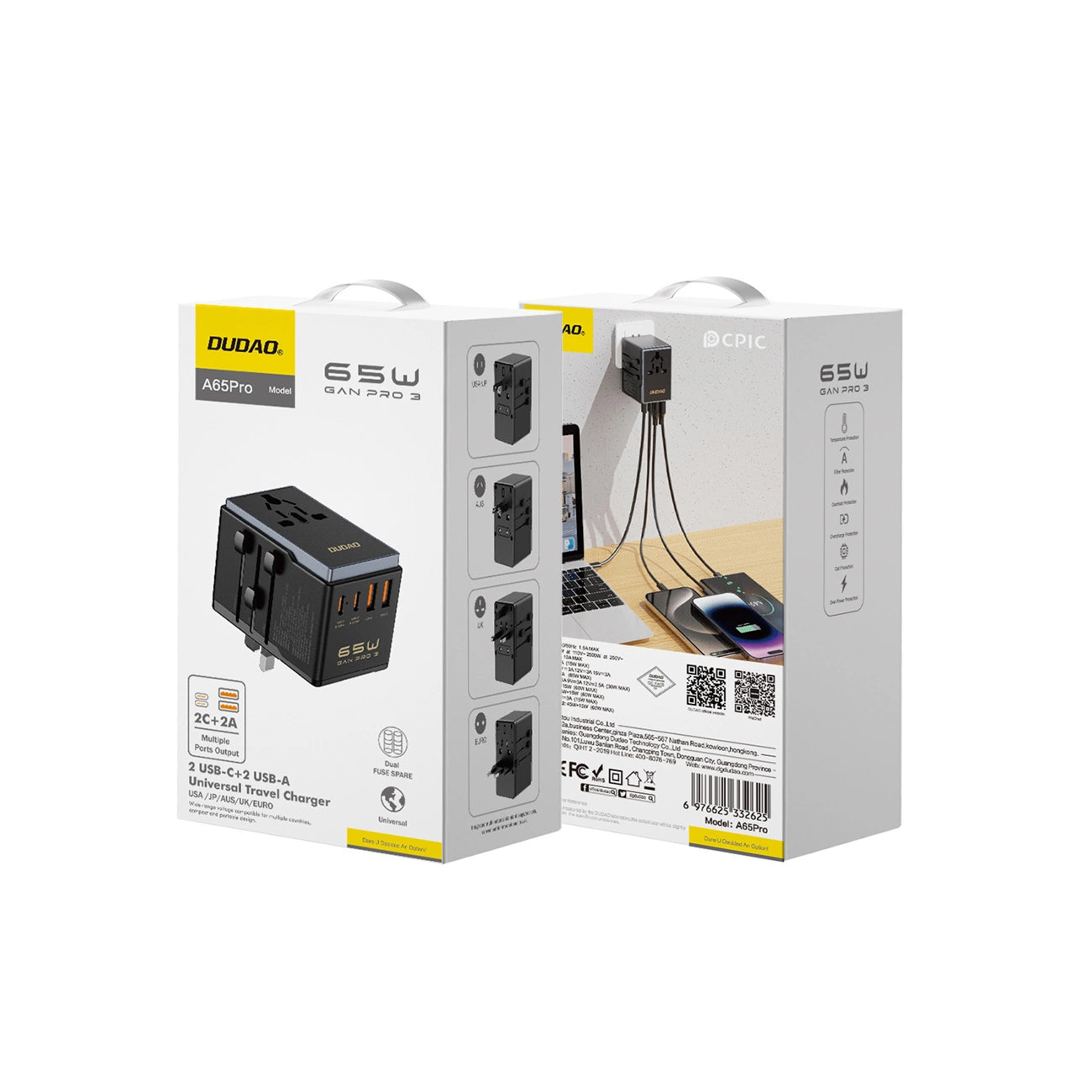 Dudao A65Pro 65W EU / US / JP / AUS / UK travel adapter 2x USB-C 2x USB-A - black_3