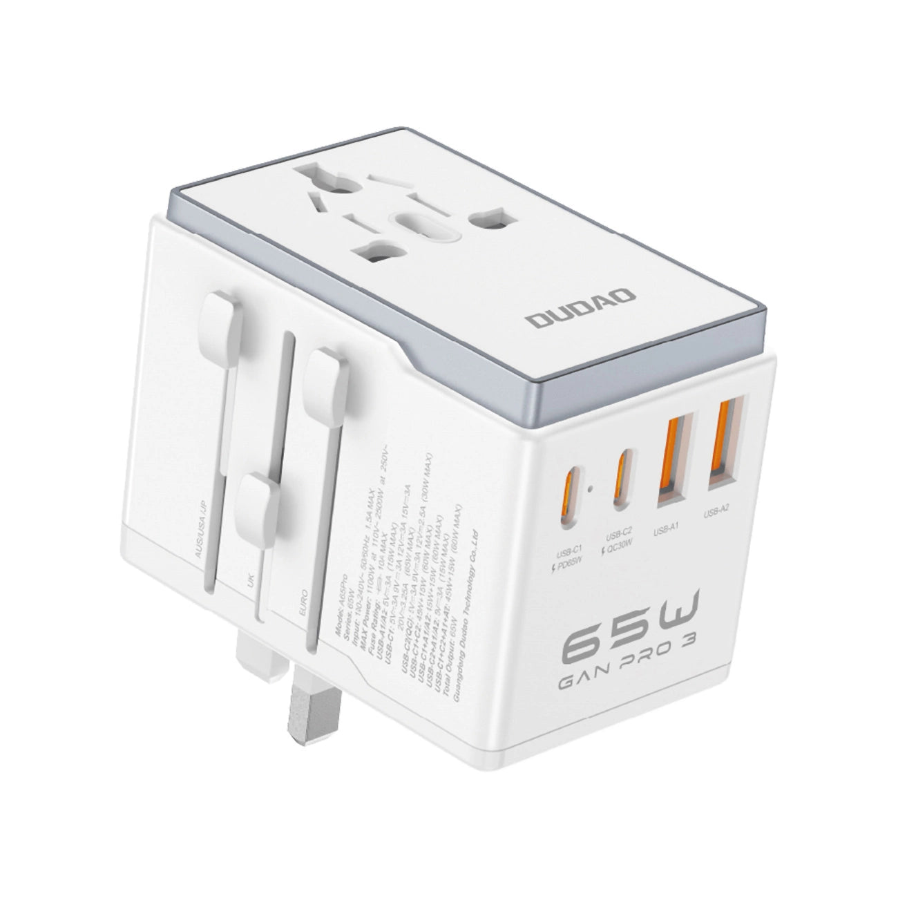 Dudao A65Pro 65W EU / US / JP / AUS / UK travel adapter 2x USB-C 2x USB-A - white_0