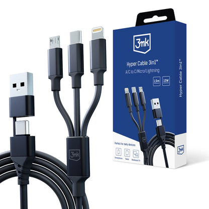 3mk Hyper Cable 3in1 USB-A - USB-C / USB-C - micro USB - Lightning 1.5m - black_0