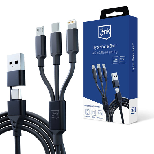 3mk Hyper Cable 3in1 USB-A - USB-C / USB-C - micro USB - Lightning 1.5m - black_0