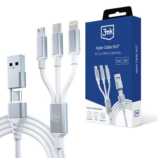 3mk Hyper Cable 3in1 USB-A - USB-C / USB-C - micro USB - Lightning 1.5m - white_0