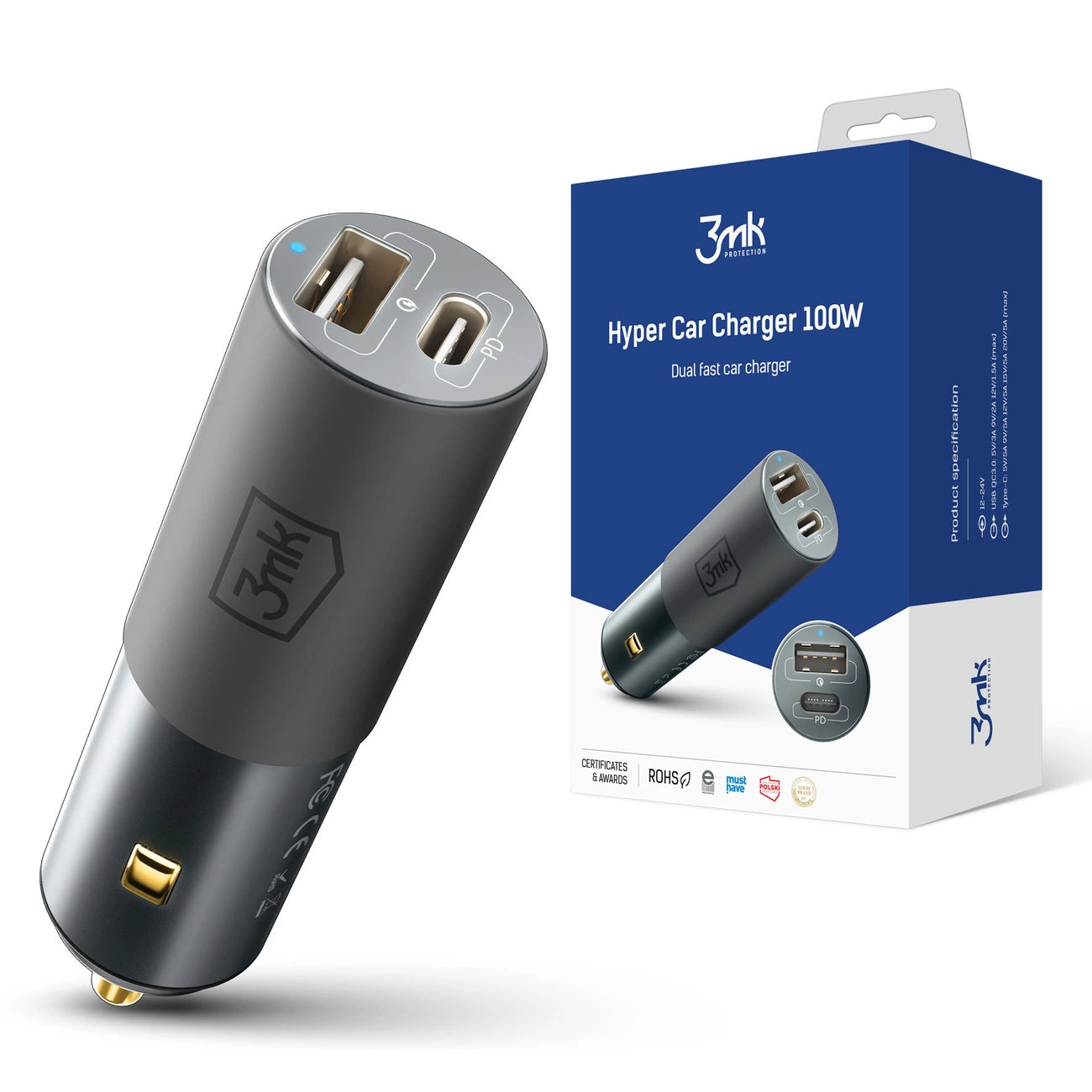 3mk Hyper Car Charger USB-C USB-A 100W - silver_0