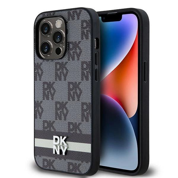 DKNY Leather Checkered Mono Pattern &amp; Printed Stripes iPhone 14 Pro Case - Black_0