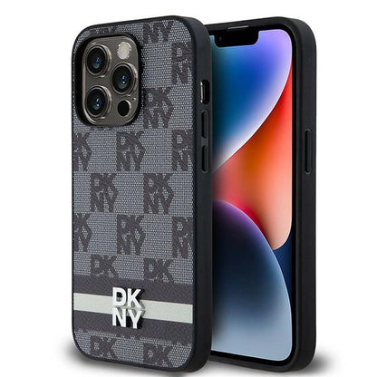 DKNY Leather Checkered Mono Pattern &amp; Printed Stripes iPhone 14 Pro Case - Black_0