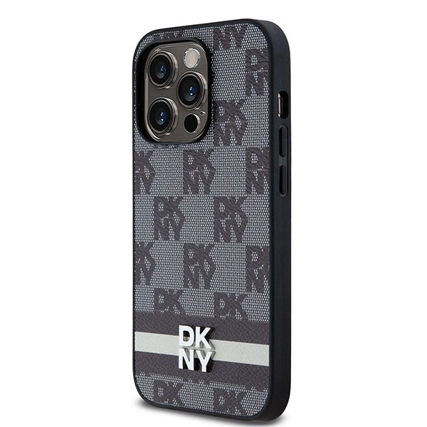 DKNY Leather Checkered Mono Pattern &amp; Printed Stripes iPhone 14 Pro Case - Black_1