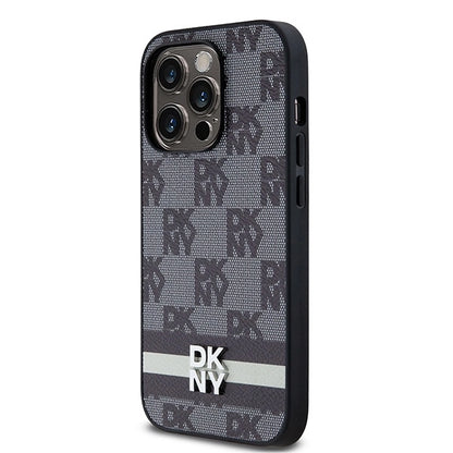 DKNY Leather Checkered Mono Pattern &amp; Printed Stripes iPhone 14 Pro Case - Black_1