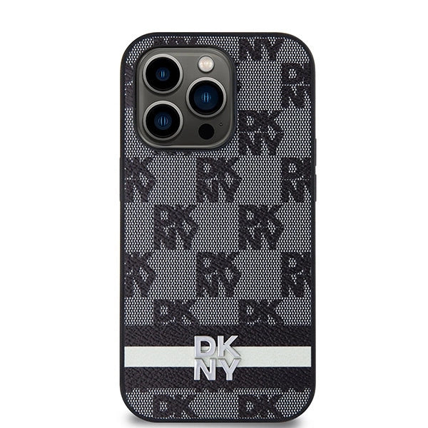 DKNY Leather Checkered Mono Pattern &amp; Printed Stripes iPhone 14 Pro Case - Black_2