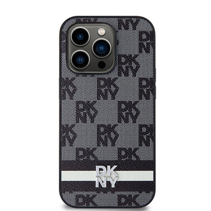 DKNY Leather Checkered Mono Pattern &amp; Printed Stripes iPhone 14 Pro Case - Black_2