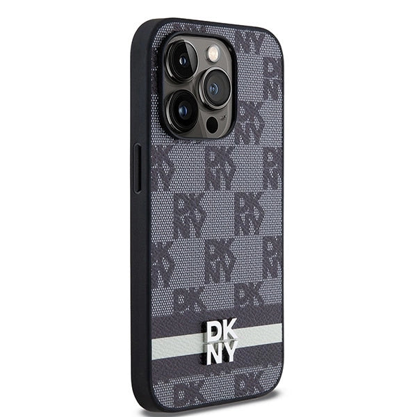 DKNY Leather Checkered Mono Pattern &amp; Printed Stripes iPhone 14 Pro Case - Black_3