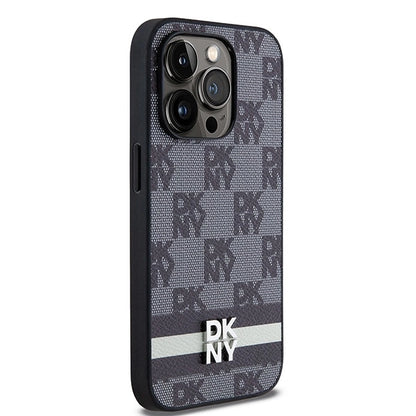DKNY Leather Checkered Mono Pattern &amp; Printed Stripes iPhone 14 Pro Case - Black_3
