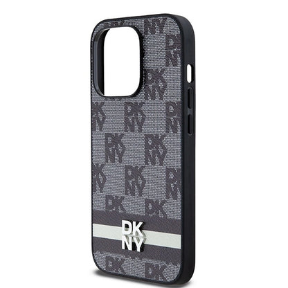DKNY Leather Checkered Mono Pattern &amp; Printed Stripes iPhone 14 Pro Case - Black_5