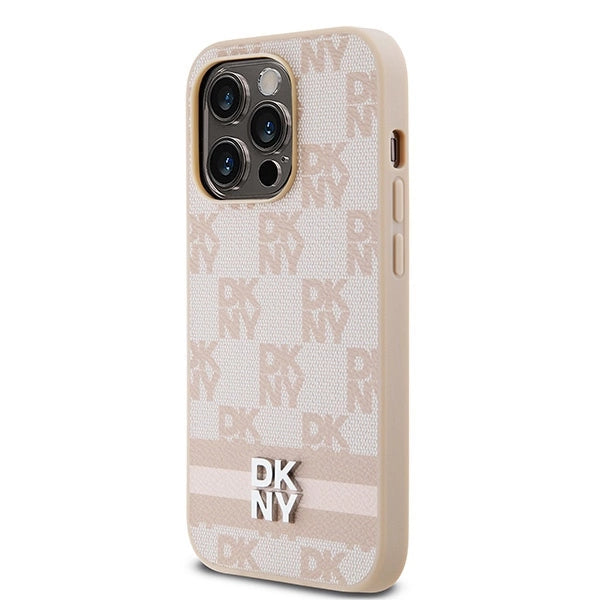 DKNY Leather Checkered Mono Pattern &amp; Printed Stripes case for iPhone 14 Pro - pink_1