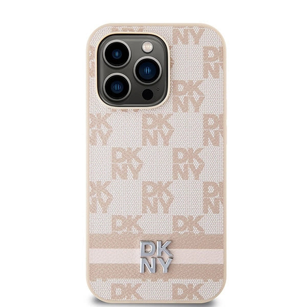DKNY Leather Checkered Mono Pattern &amp; Printed Stripes case for iPhone 14 Pro - pink_2