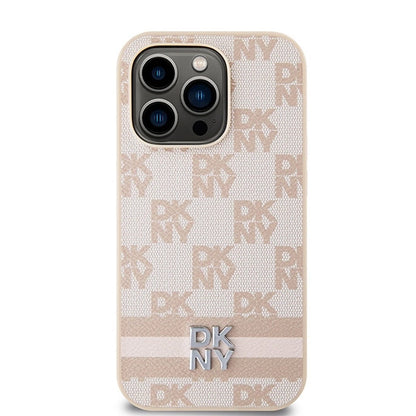 DKNY Leather Checkered Mono Pattern &amp; Printed Stripes case for iPhone 14 Pro - pink_2