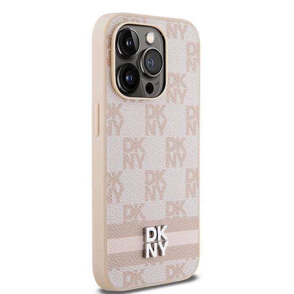 DKNY Leather Checkered Mono Pattern &amp; Printed Stripes case for iPhone 14 Pro - pink_3