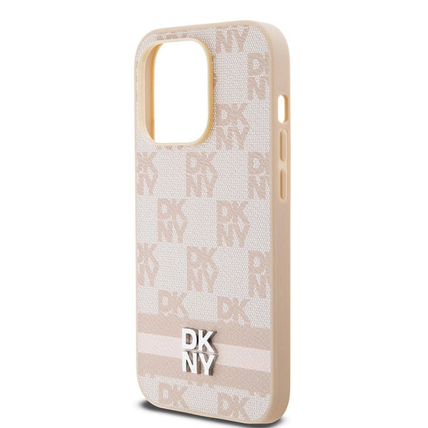 DKNY Leather Checkered Mono Pattern &amp; Printed Stripes case for iPhone 14 Pro - pink_5