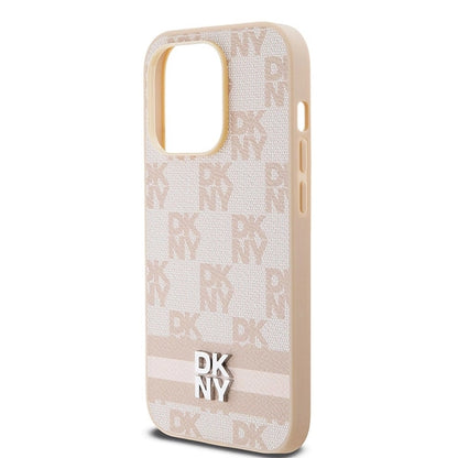 DKNY Leather Checkered Mono Pattern &amp; Printed Stripes case for iPhone 14 Pro - pink_5