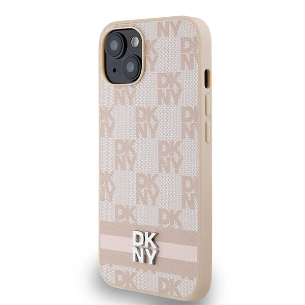 DKNY Leather Checkered Mono Pattern &amp; Printed Stripes case for iPhone 15 / 14 / 13 - pink_1
