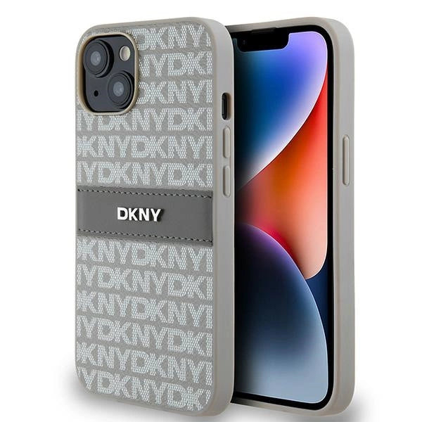 DKNY Leather Mono Stripe &amp; Metal Logo case for iPhone 15 / 14 / 13 - beige_0