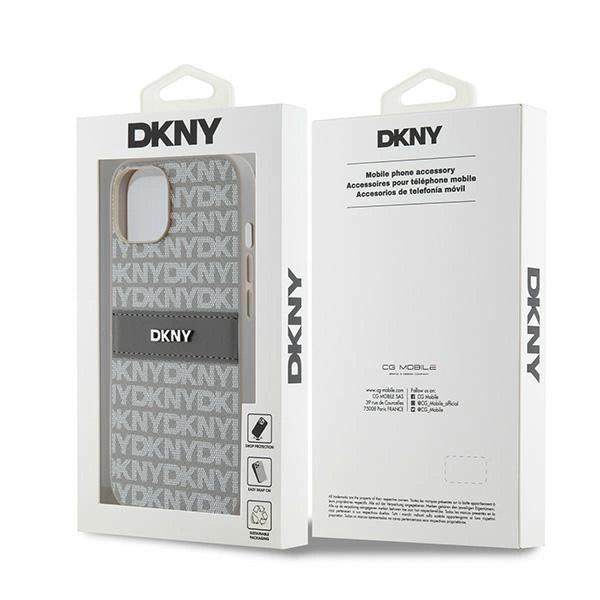 DKNY Leather Mono Stripe &amp; Metal Logo case for iPhone 15 / 14 / 13 - beige_7