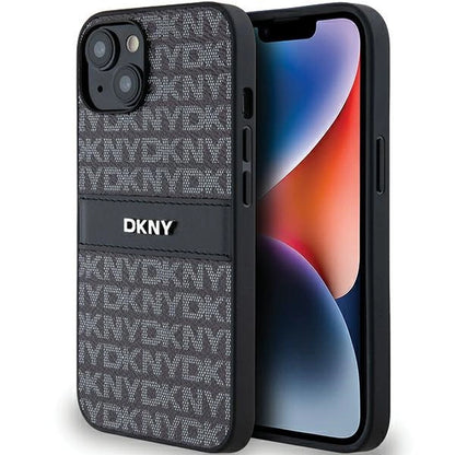 DKNY Leather Mono Stripe &amp; Metal Logo Case for iPhone 15/14/13 - Black_0